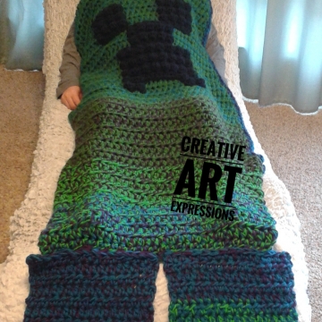 MOB Gamer Blanket, Adult Teen Blanket,Crocheted MOB Blanket, Green, Purple, Blue, Gamer Blanket