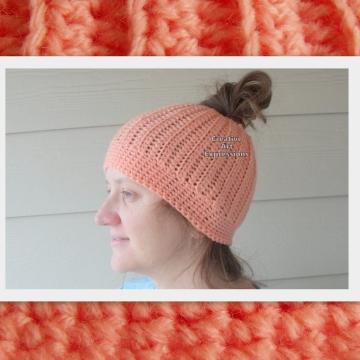 Messy Bun Hat Beanie, Pony Tail Hat, Crocheted Adult Hat Coral Ready To Ship