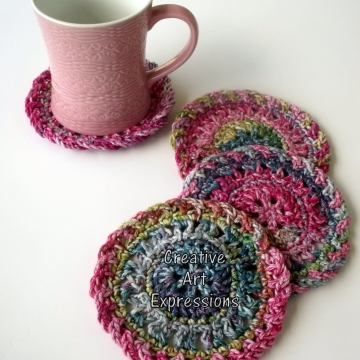Pink Green & Purple Crocheted Coasters, Round, Large, Ready to Ship, Set of 4, Cotton Coasters, Home Decor, Kitchen Decor, 4 Coasters, Fine China Coasters, Fancy Coasters, Handmade Pink Green & Purple Crocheted Coasters, Round, Large, Ready to Ship, Set of 4, Cotton Coasters, Home Decor, Kitchen Decor, 4 Coasters, Fine China Coasters, Fancy Coasters, Handmade