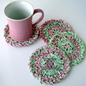 Red Green Pink Christmas Crocheted Coasters, Round, Large, Ready to Ship, Set of 4, Cotton Coasters, Home Decor, Kitchen Decor, 4 Coasters, Fine China Coasters, Fancy Coasters, Handmade