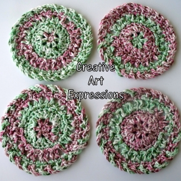 Red Green Pink Christmas Crocheted Coasters, Round, Large, Ready to Ship, Set of 4, Cotton Coasters, Home Decor, Kitchen Decor, 4 Coasters, Fine China Coasters, Fancy Coasters, Handmade