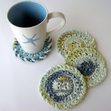 Blue Yellow White Crocheted Coasters, Round, Large, Ready to Ship, Set of 4, Cotton Coasters, Home Decor, Kitchen Decor, 4 Coasters, Fine China Coasters, Fancy Coasters, Handmade Blue Yellow White Crocheted Coasters, Round, Large, Ready to Ship, Set of 4, Cotton Coasters, Home Decor, Kitchen Decor, 4 Coasters, Fine China Coasters, Fancy Coasters, Handmade