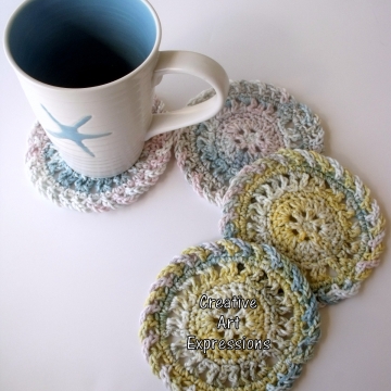 Pink Blue Yellow & Green Crocheted Coasters, Round, Large, Ready to Ship, Set of 4, Cotton Coasters, Home Decor, Kitchen Decor, 4 Coasters, Fine China Coasters, Fancy Coasters, Handmade Pink Blue Yellow & Green Crocheted Coasters, Round, Large, Ready to Ship, Set of 4, Cotton Coasters, Home Decor, Kitchen Decor, 4 Coasters, Fine China Coasters, Fancy Coasters, Handmade