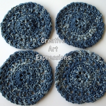 Crocheted Coasters, Round, Large, Ready to Ship, Blue Denim, Set of 4, Cotton Coasters, Home Decor, Kitchen Decor, 4 Coasters, Fine China Coasters, Fancy Coasters, Handmade