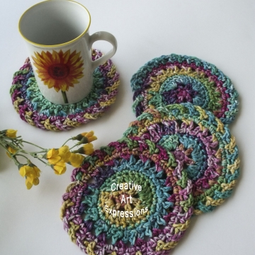 Bright Rainbow Crocheted Coasters, Round, Large, Ready to Ship, Set of 4, Cotton Coasters, Home Decor, Kitchen Decor, 4 Coasters, Fine China Coasters, Fancy Coasters, Handmade Bright Rainbow Crocheted Coasters, Round, Large, Ready to Ship, Set of 4, Cotton Coasters, Home Decor, Kitchen Decor, 4 Coasters, Fine China Coasters, Fancy Coasters, Handmade