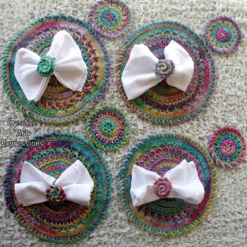 Bright Rainbow Crocheted Coasters, Place Mats & Napkin Rings, Round, Large, Ready to ship, Set of 4 each, Cotton Coasters, Home Decor, Kitchen Decor, Fancy Coasters, Handmade Bright Rainbow Crocheted Coasters, Place Mats & Napkin Rings, Round, Large, Ready to ship, Set of 4 each, Cotton Coasters, Home Decor, Kitchen Decor, Fancy Coasters, Handmade