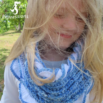 Crocheted Sea Breeze Youth 6-10 Infinity Scarf, Sapphire Sea, Blue & White, Sea Breeze Collection, scarf, Unique Gifts, Handmade scarf, Handmade Fashion, Mermaid at Heart, Ocean Crochet,