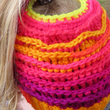 Crocheted Sunset Sea Messy Bun Sea Breeze Hat, Child Size 2-5 years, Sea Breeze Collection, Mermaid Fashion, Unique Gifts, Handmade winter hat, Handmade Ponytail Hat, Mermaid at Heart, Ocean Crochet, Coastal Crochet, Crochet with Meaning