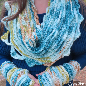 Crocheted Sea Breeze Infinity Scarf & Fingerless Gloves Adult Teen Set Teal Sunset, Teal, Orange, Yellow, Light Blue, White, Sea Breeze Collection, Unique Gifts, Handmade Winter Scarf & Glove Set, Handmade Fashion, Mermaid at Heart, Ocean Crochet, Unique