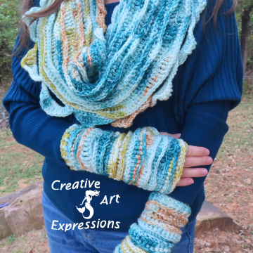Crocheted Sea Breeze Infinity Scarf & Fingerless Gloves Adult Teen Set Teal Sunset, Teal, Orange, Yellow, Light Blue, White, Sea Breeze Collection, Unique Gifts, Handmade Winter Scarf & Glove Set, Handmade Fashion, Mermaid at Heart, Ocean Crochet, Unique