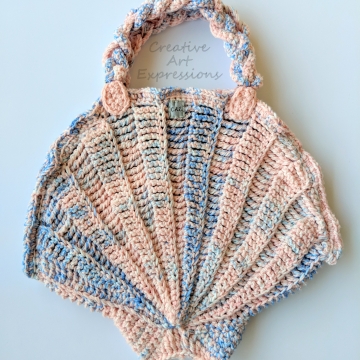 Seashell Clam Purse, Crocheted, Pink & Blue, Celestial Blue Casa Satin Lined, Large, Mermaid Necessities, Ocean Crochet,  Unqiue Teen or Women Girl Gift, Ready to Ship,