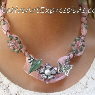 Clearance-Was $30.00 Now $20.00 Creative Art Expressions Handmade Pink Wire Wrapped & Ribbon Necklace Jewelry Clearance-Was $30.00 Now $20.00 Creative Art Expressions Handmade Pink Wire Wrapped & Ribbon Necklace Jewelry