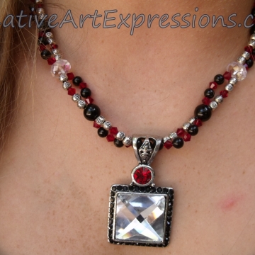 Clearance-Was $30.00 Now $20.00 Creative Art Expressions Handmade Red Black Silver Crystal Necklace Jewelry Clearance-Was $30.00 Now $20.00 Creative Art Expressions Handmade Red Black Silver Crystal Necklace Jewelry