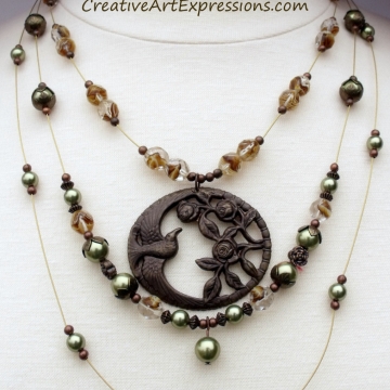 Clearance-Was $35.00 Now $25.00 Creative Art Expressions Handmade Brown Green & Brass 3 Strand Bird Necklace Jewelry