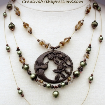 Clearance-Was $35.00 Now $25.00 Creative Art Expressions Handmade Brown Green & Brass 3 Strand Bird Necklace Jewelry Clearance-Was $35.00 Now $25.00 Creative Art Expressions Handmade Brown Green & Brass 3 Strand Bird Necklace Jewelry