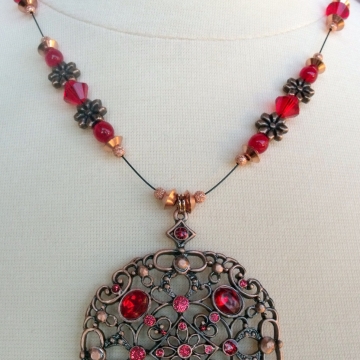 Creative Art Expressions Handmade Red & Antique Copper Necklace & Earring Set Jewelry Design