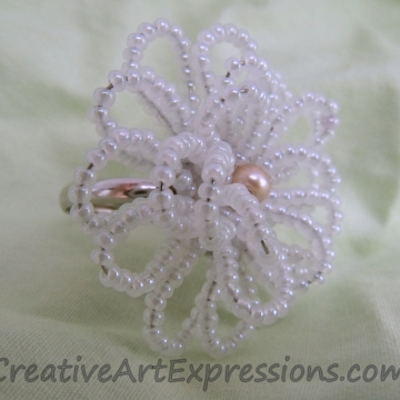 Creative Art Expressions Handmade White Seed Bead Flower Ring Jewelry Design