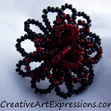 Creative Art Expressions Handmade Black & Red Seed Bead Flower Ring Jewelry Design