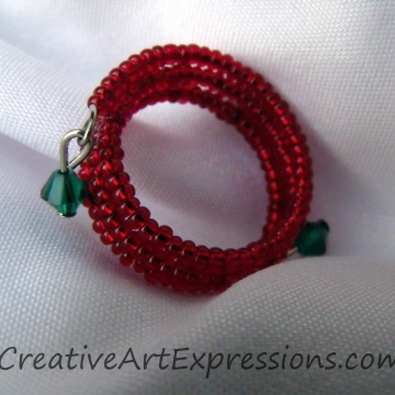 Creative Art Expressions Handmade Red & Green Memory Wire Ring Jewelry Design