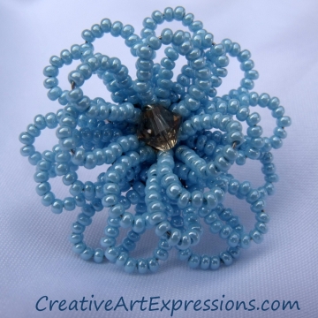 Creative Art Expressions Handmade Baby Blue Seed Bead Flower Ring Jewelry