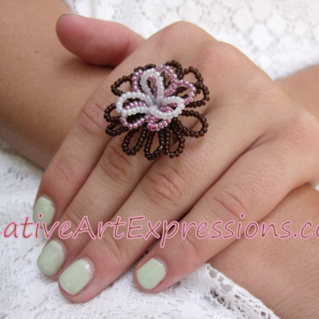 Creative Art Expressions Handmade Seed Bead Wire Wrapped Flower Ring Jewelry