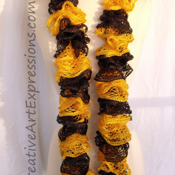 Creative Art Expressions Hand Knitted Black & Gold Ruffle Scarf