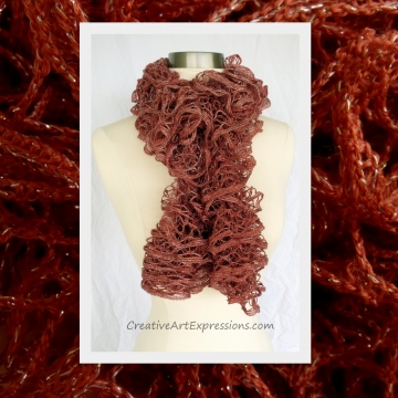 Creative Art Expressions Hand Knitted Cinnamon Metallic Frill Ruffle Scarf