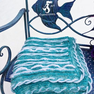 Topaz Sea Breeze Crocheted Aqua & White Baby Blanket, Mermaid Crochet, Ocean Crochet, Ocean Blanket, Coastal Crochet Blanket, 34" x 34", Baby Room Decor, Waves Baby Blanket, Baby Shower Gift, Topaz Baby Blanket