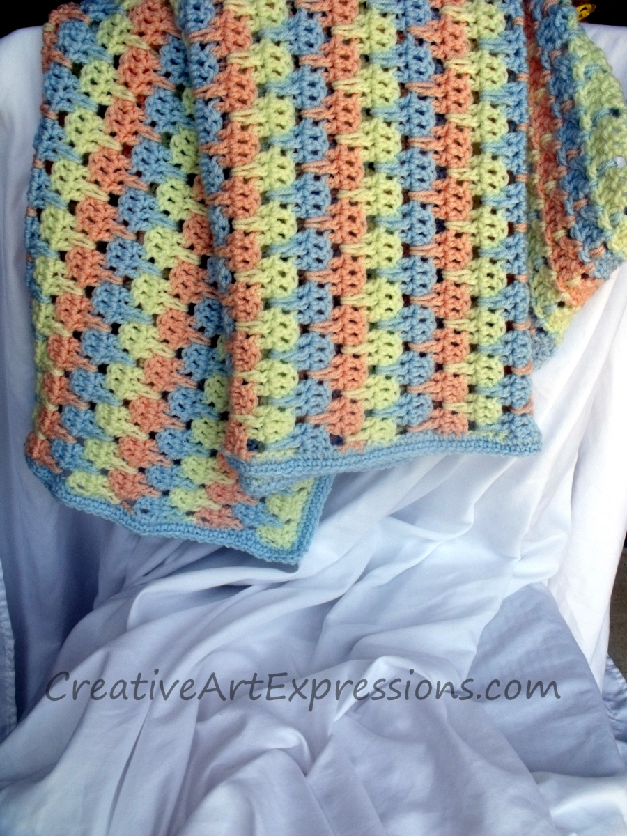 Creative Art Expressions Hand Crocheted Green Peach & Blue Baby Blanket