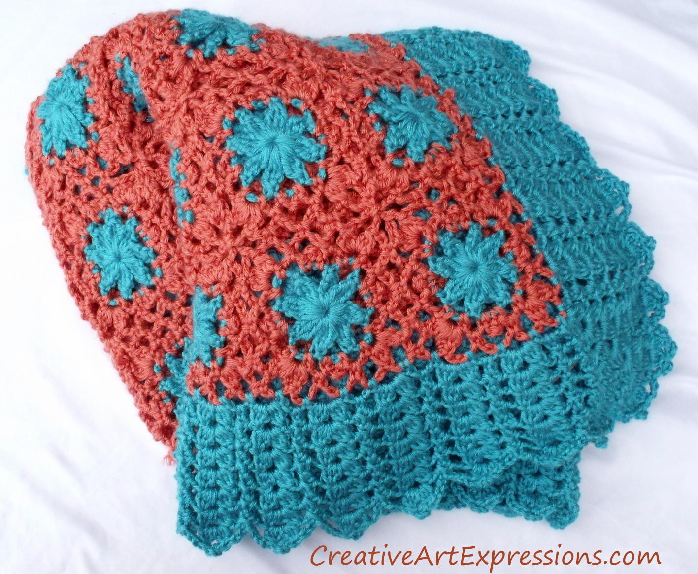 Creative Art Expressions Hand Crocheted Tuquoise & Coral Baby Blanket