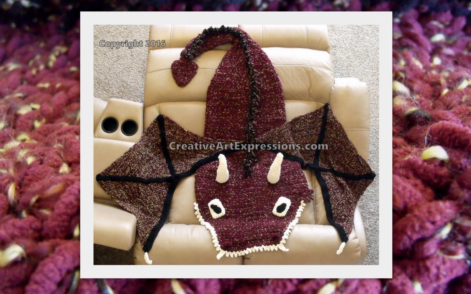 Dragon Blanket Crocheted Adult Teen Burgundy & Gold