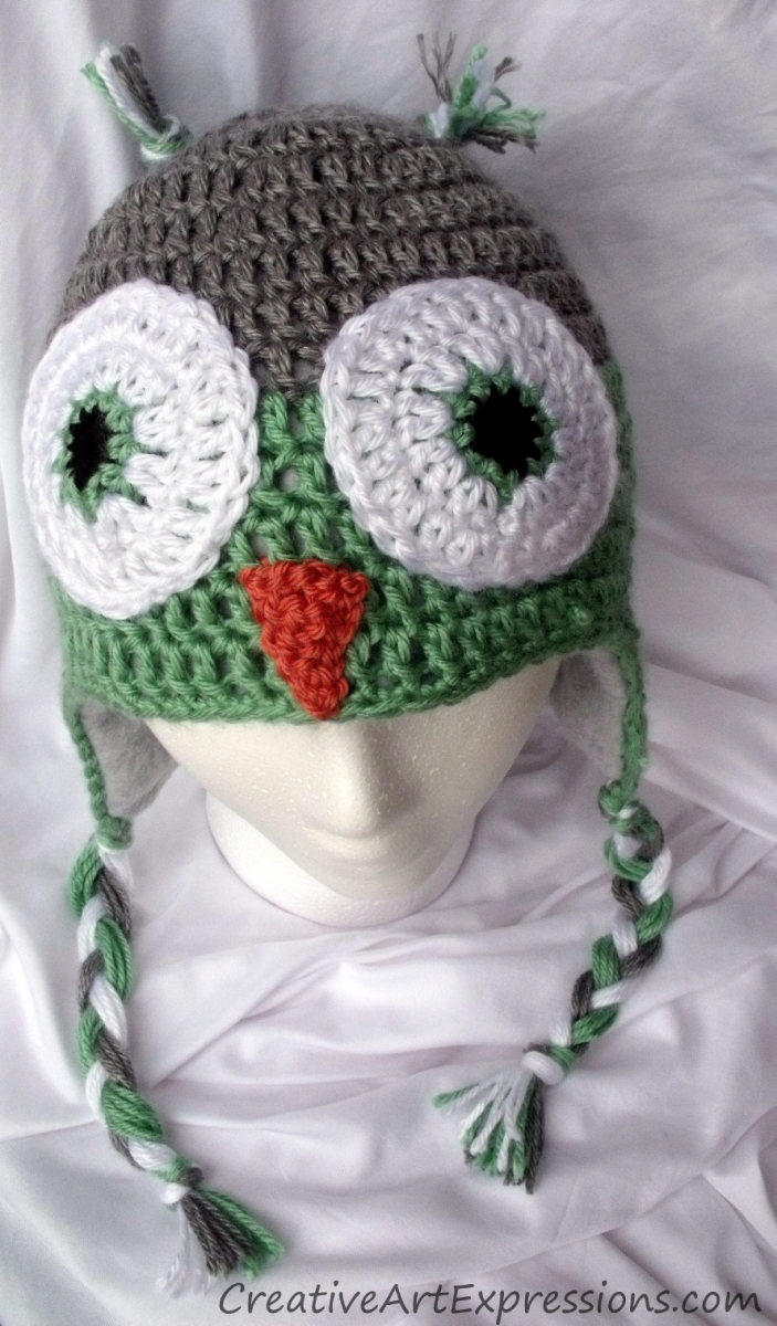 Creative Art Expressions Hand Crochet Green & Gray Owl Fleece Lined Teen Hat