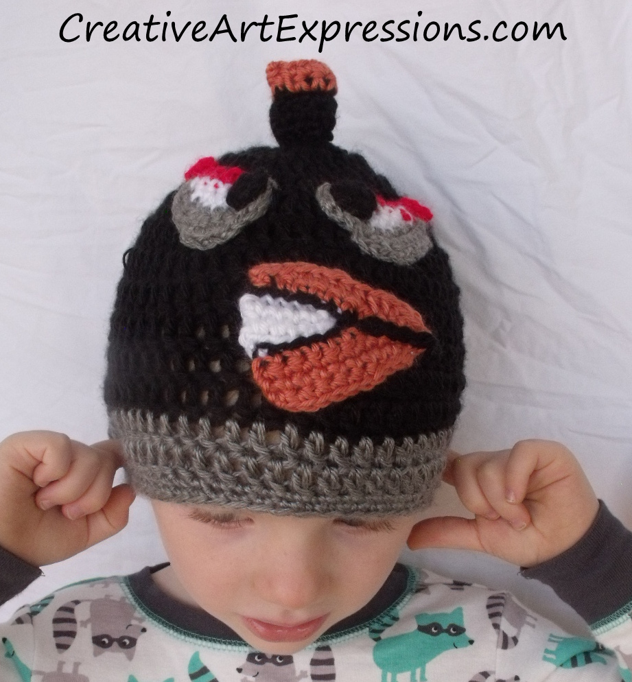 Creative Art Expressions Hand Crocheted Bomber Black Angry Bird Child Hat