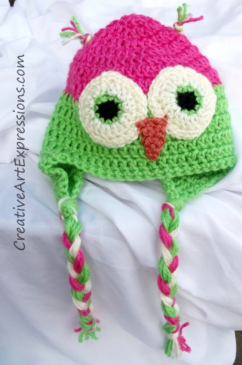 Creative Art Expressions Hand Crocheted Pink & Green Owl Toddler Hat