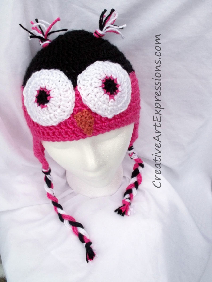 Creative Art Expressions Hand Crochet Hot Pink & Black Child Owl Hat