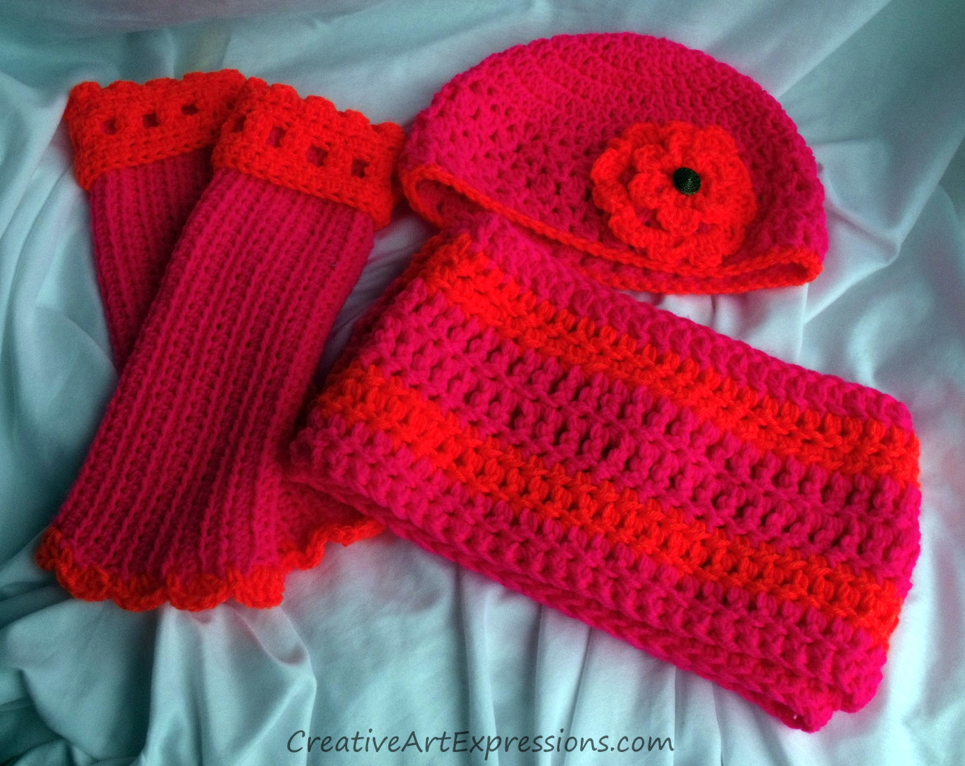 Creative Art Expressions Hand Crocheted Neon Pink & Orange Hat Gloves & Scarf Set