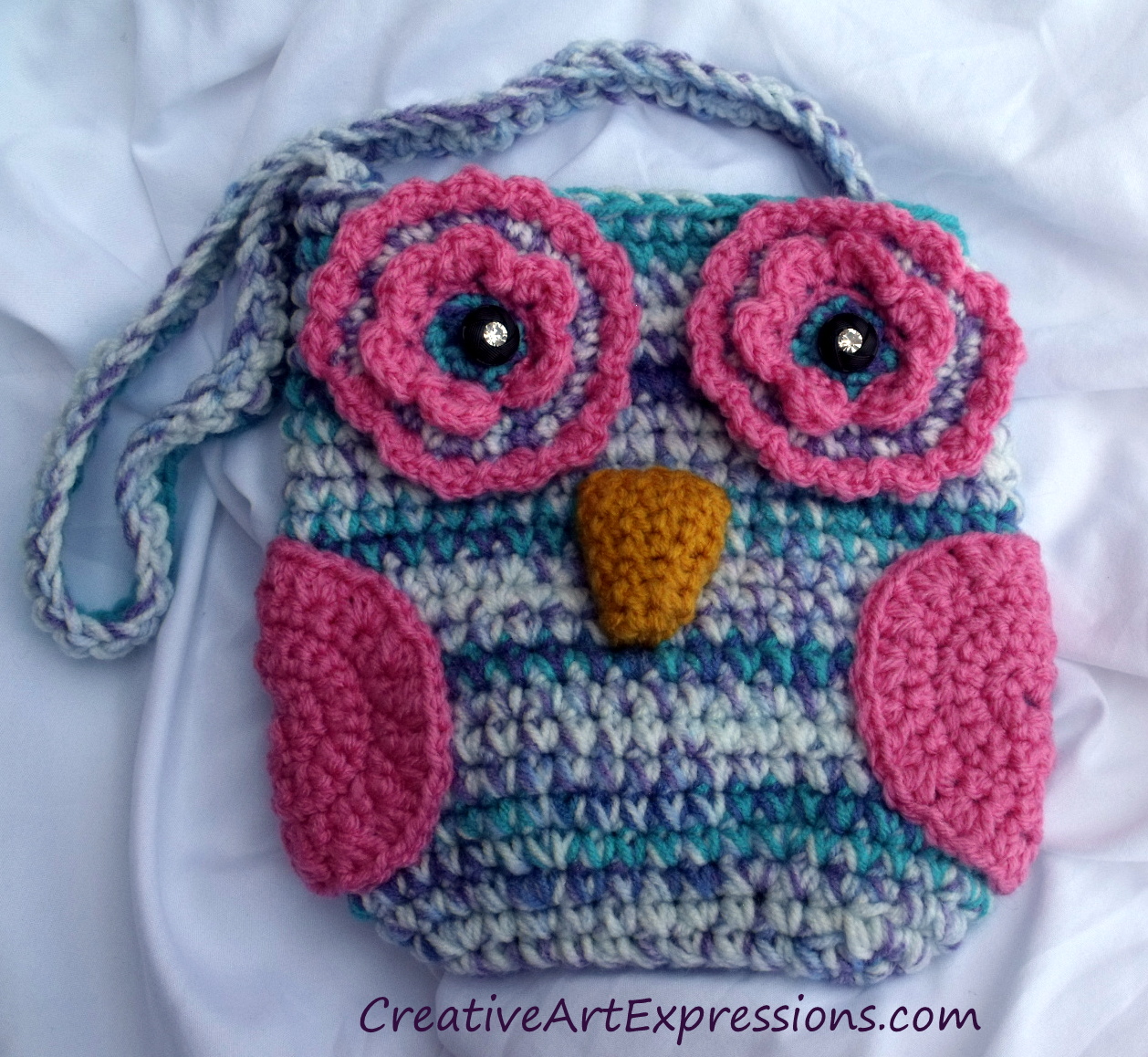 Creative Art Expressions Hand Crocheted Blue & Pink Owl Purse