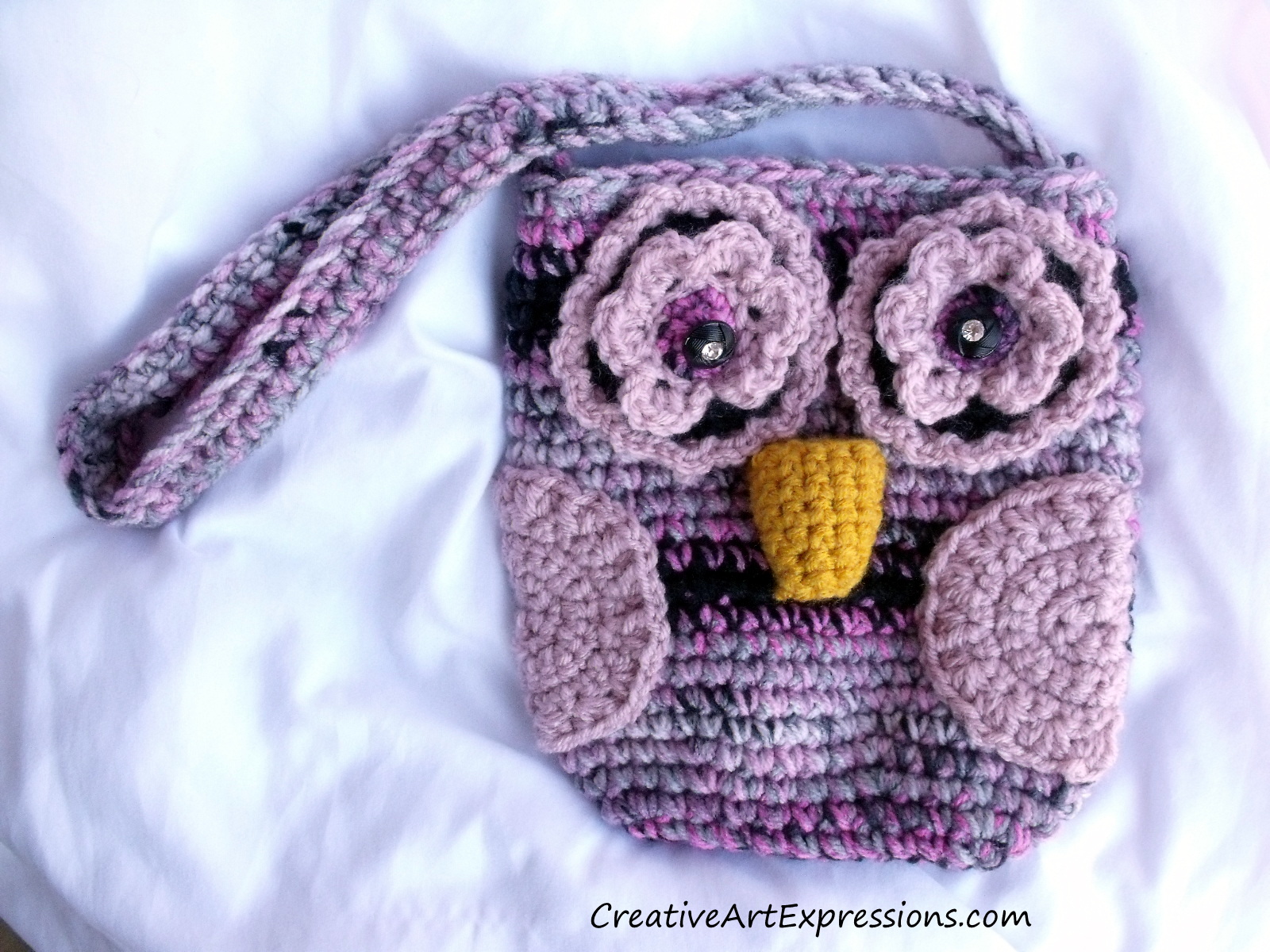 Creative Art Expressions Hand Crocheted Pink & Black Owl Purse