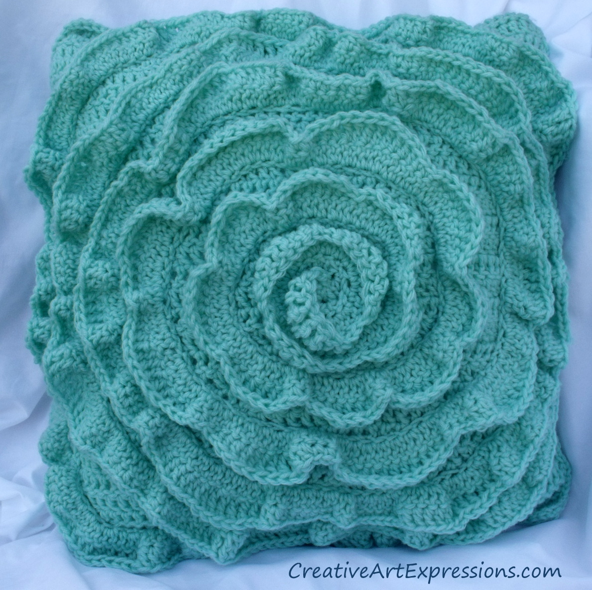 Creative Art Expressions Hand Crocheted Aquamarine Rose Pillow