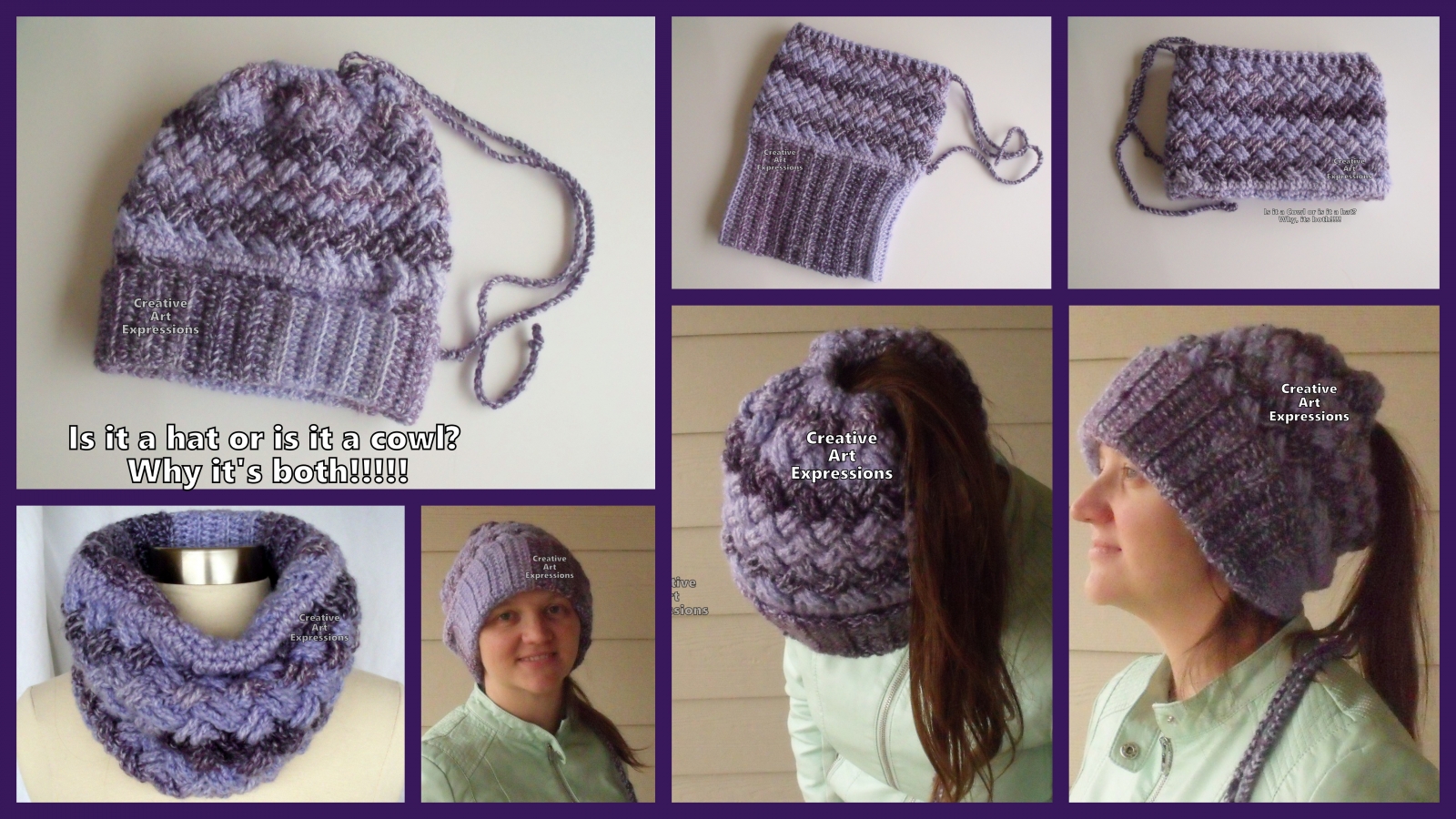 Purple Celtic Weave Messy Bun Pony Tail Hat Cowl