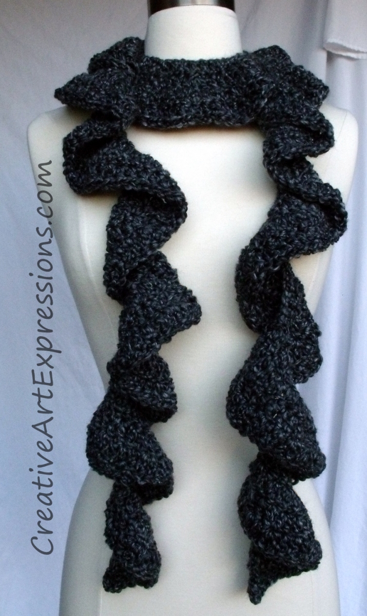 Creative Art Expressions Hand Crocheted Black & Gray Wavy Scarf