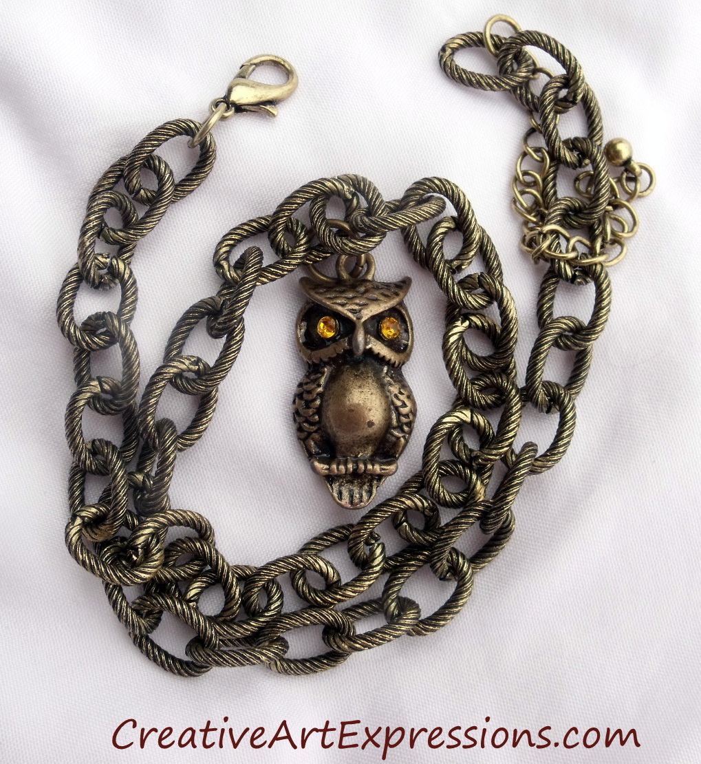 Creative Art Expressions Handmade Antique Gold Owl Necklace Jewelry Design