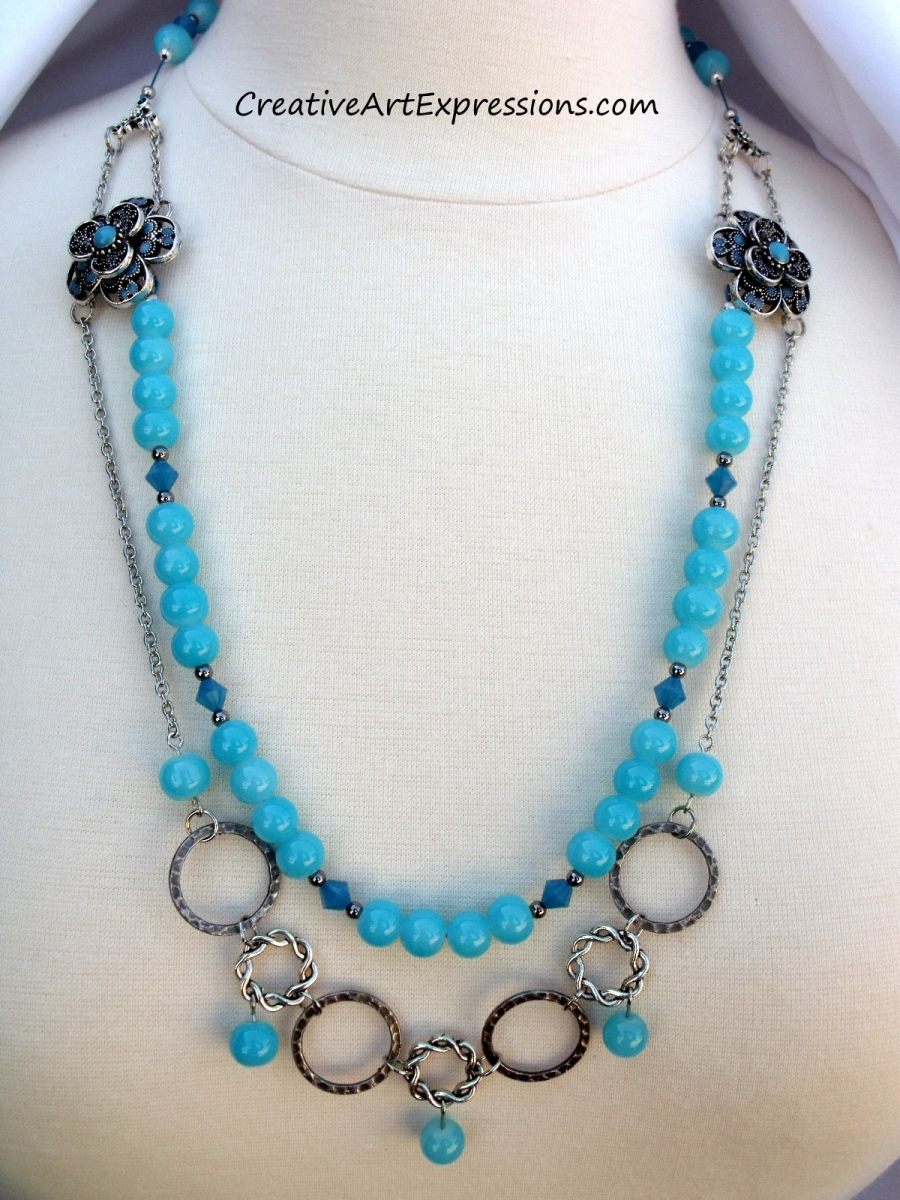 Creative Art Expressions Handmade Blue Ocean Flower Necklace Jewelry Design