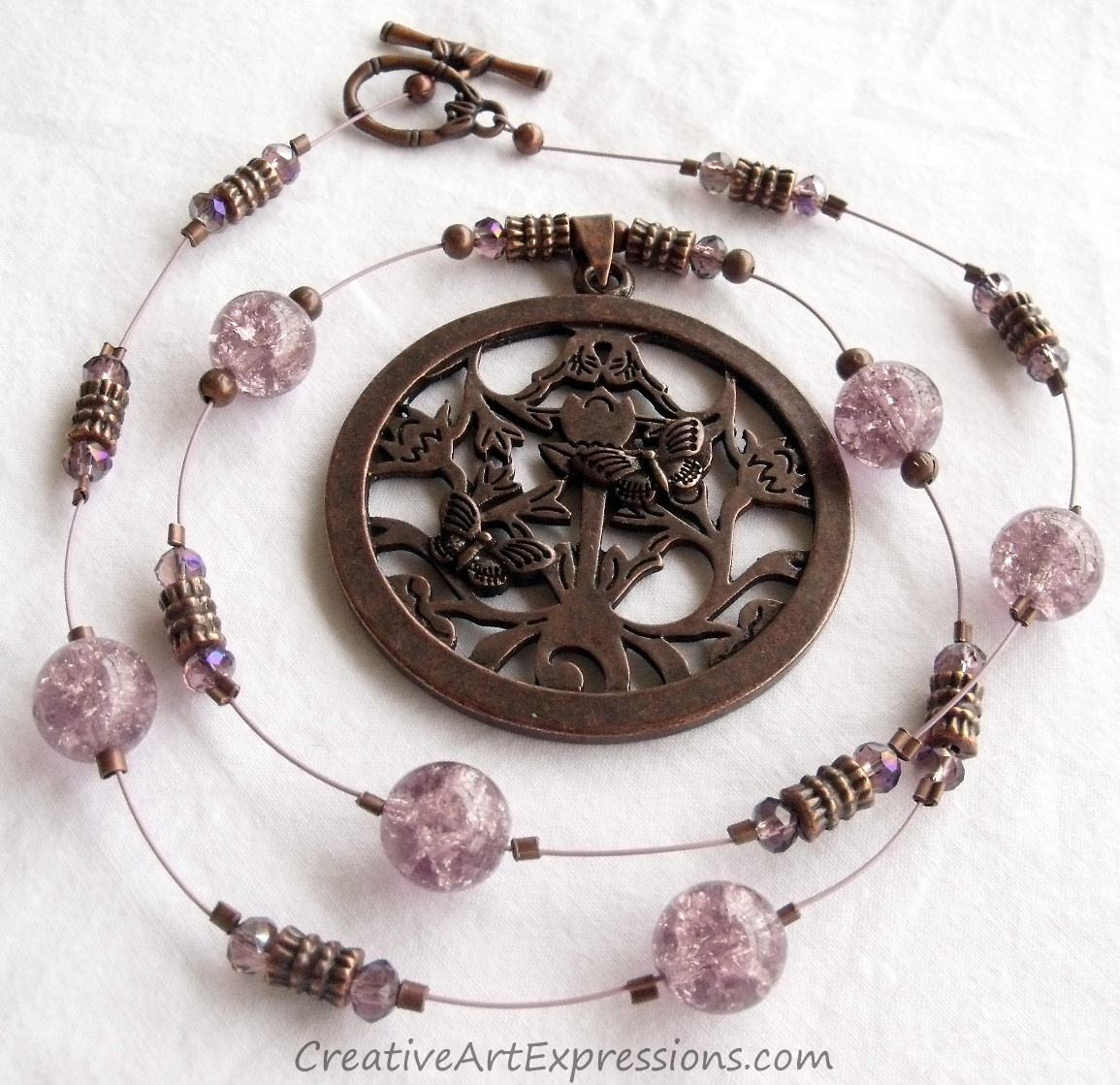 Creative Art Expressions Handmade Antique Bronze & Mauve Butterfly Necklace Jewelry Design