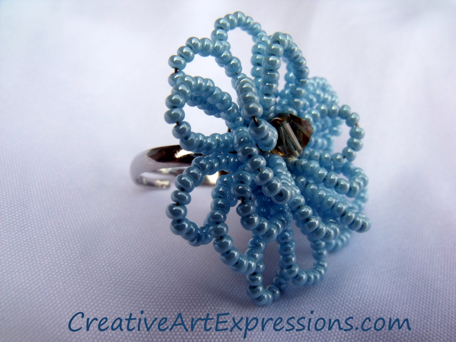 Creative Art Expressions Handmade Baby Blue Seed Bead Flower Ring Jewelry