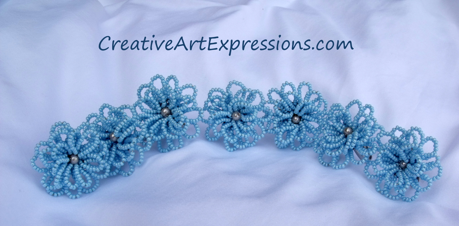 Creative Art Expressions Handmade Baby Blue Seed Bead Flower Ring Jewelry