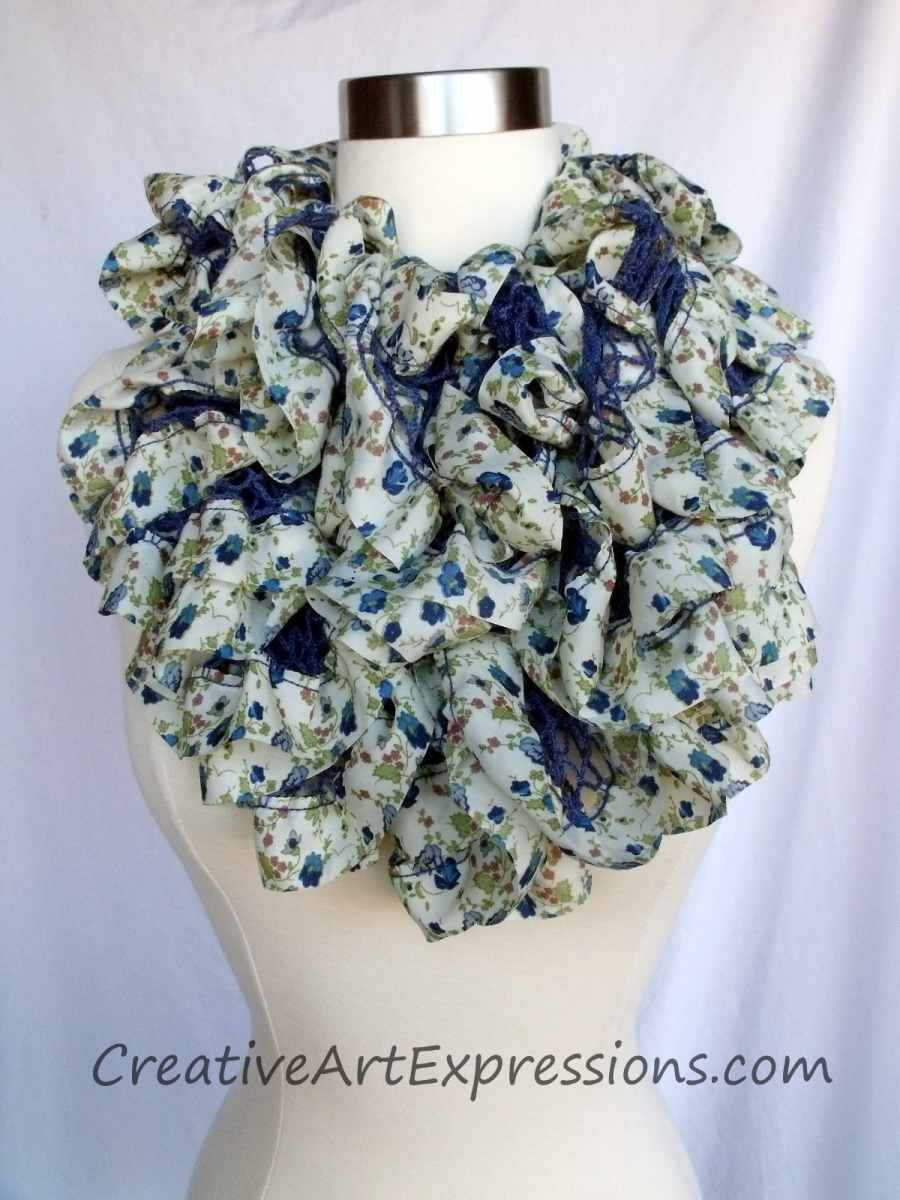 Creative Art Expressions Hand Knit Blue Flora Fabric Lined Ruffle Scarf