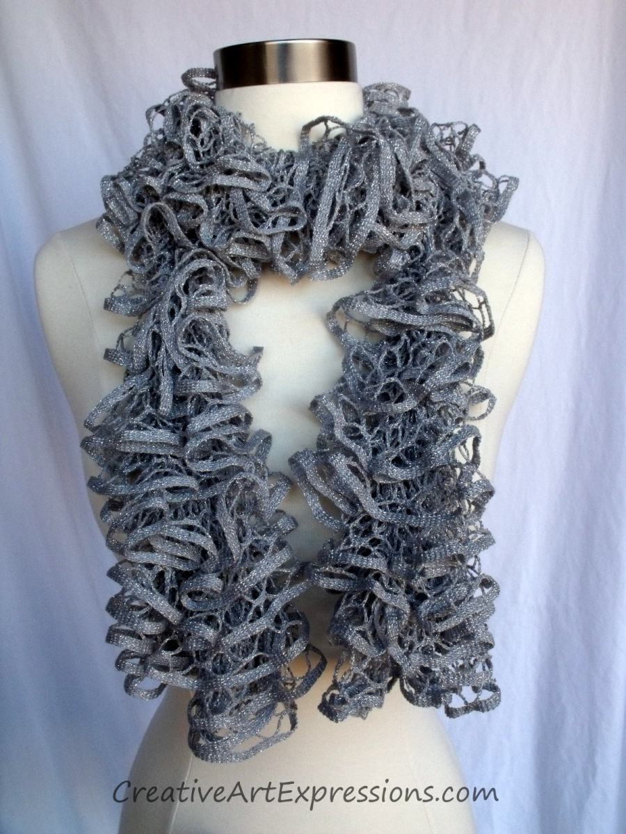 Creative Art Expressions Hand Knit Silver Glam Ruffle Scarf