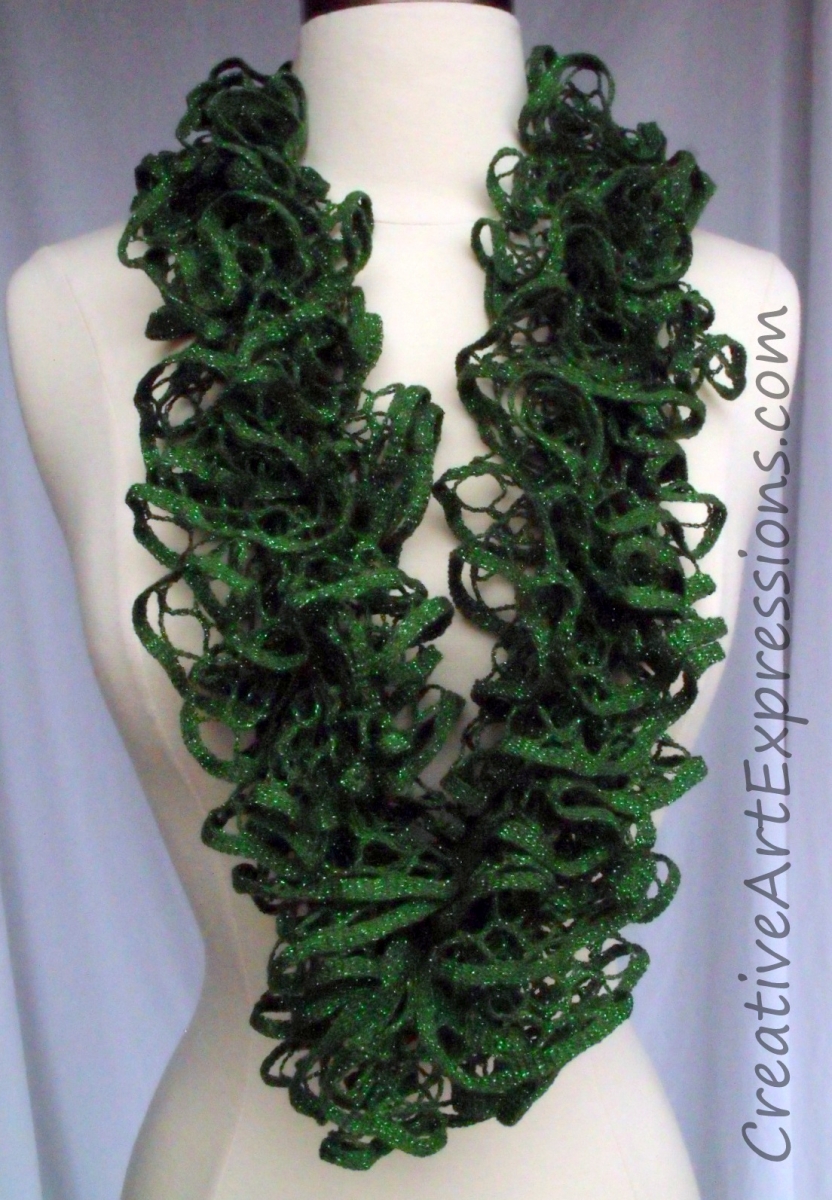 Creative Art Expressions Hand Knit Green Glam Ruffle Scarf