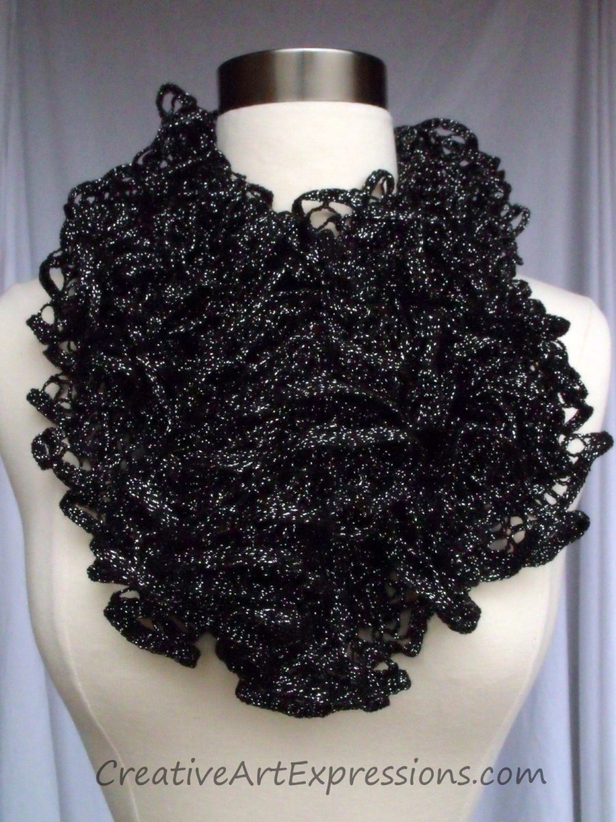 Creative Art Expressions Hand Knit Black Starry Night Ruffle Scarf